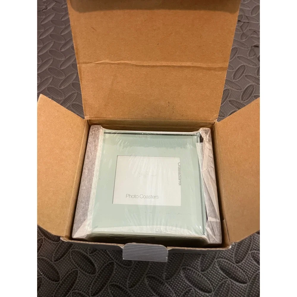 New Four Crate and Barrel Glass Photo Coasters hold 2 x 2.75 Pics With A Stand